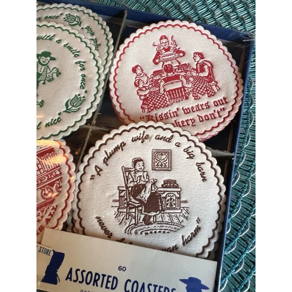 Vtg Amish Garden Spot Gifts Paper Coasters Set 60 Pennsylvania Dutch Folk Art